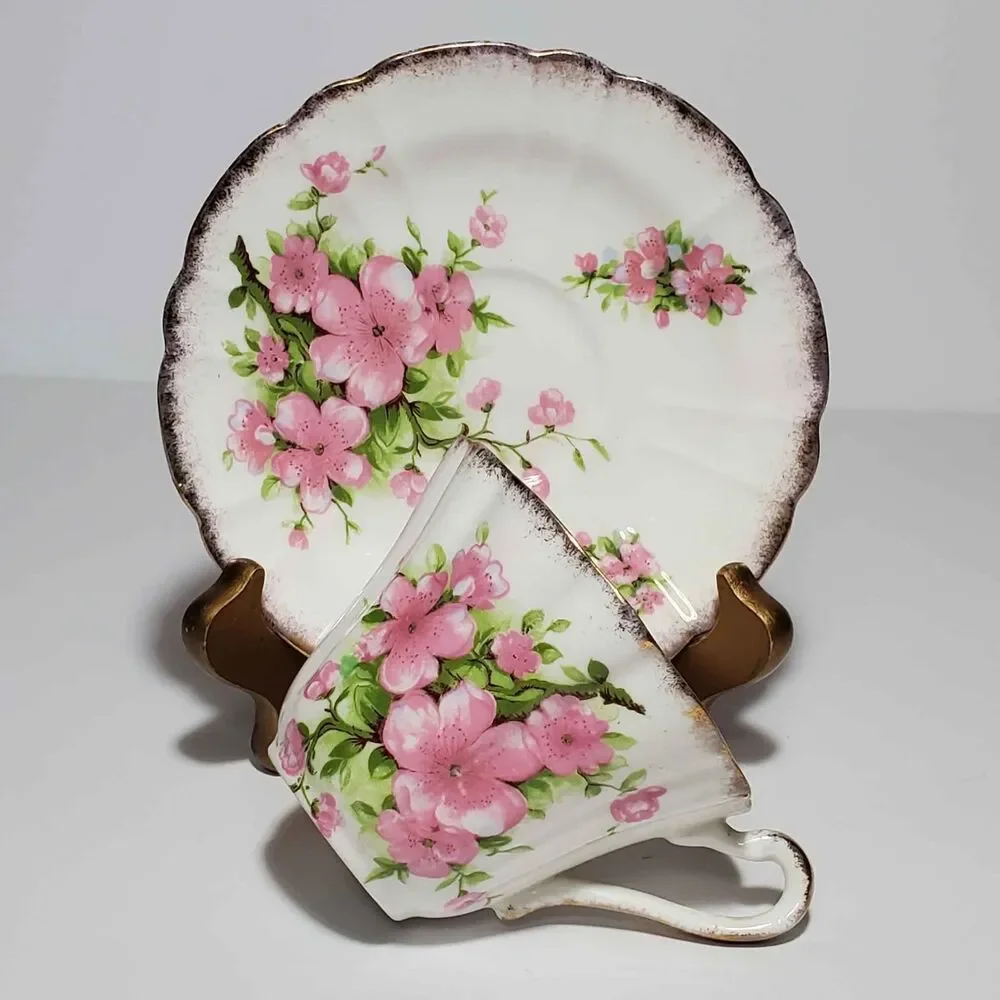 Gladstone Teacup and Saucer Pink Flowers Vintage
